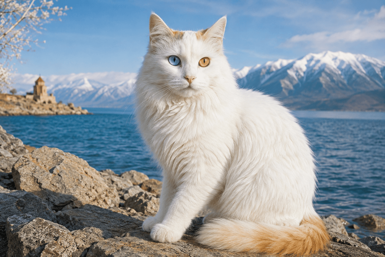 A white cat with differently coloured eyes sitting on a stone wall in warm summer light.