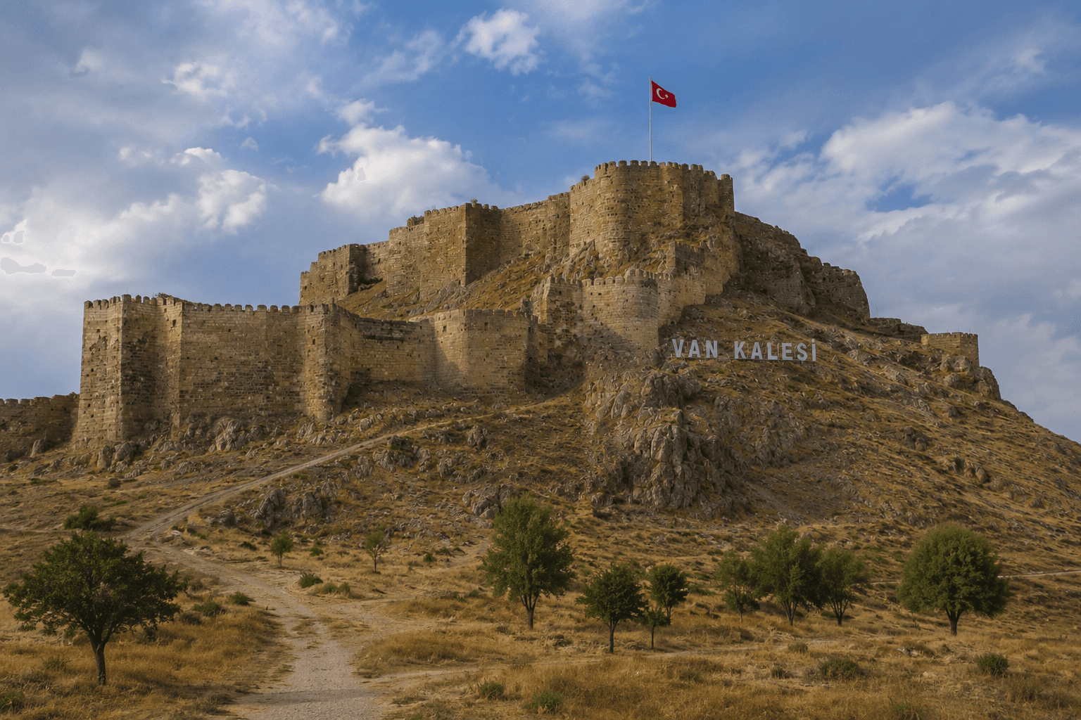 A limestone ridge rising above a dry plain, topped with fortress walls, seen in late afternoon light.