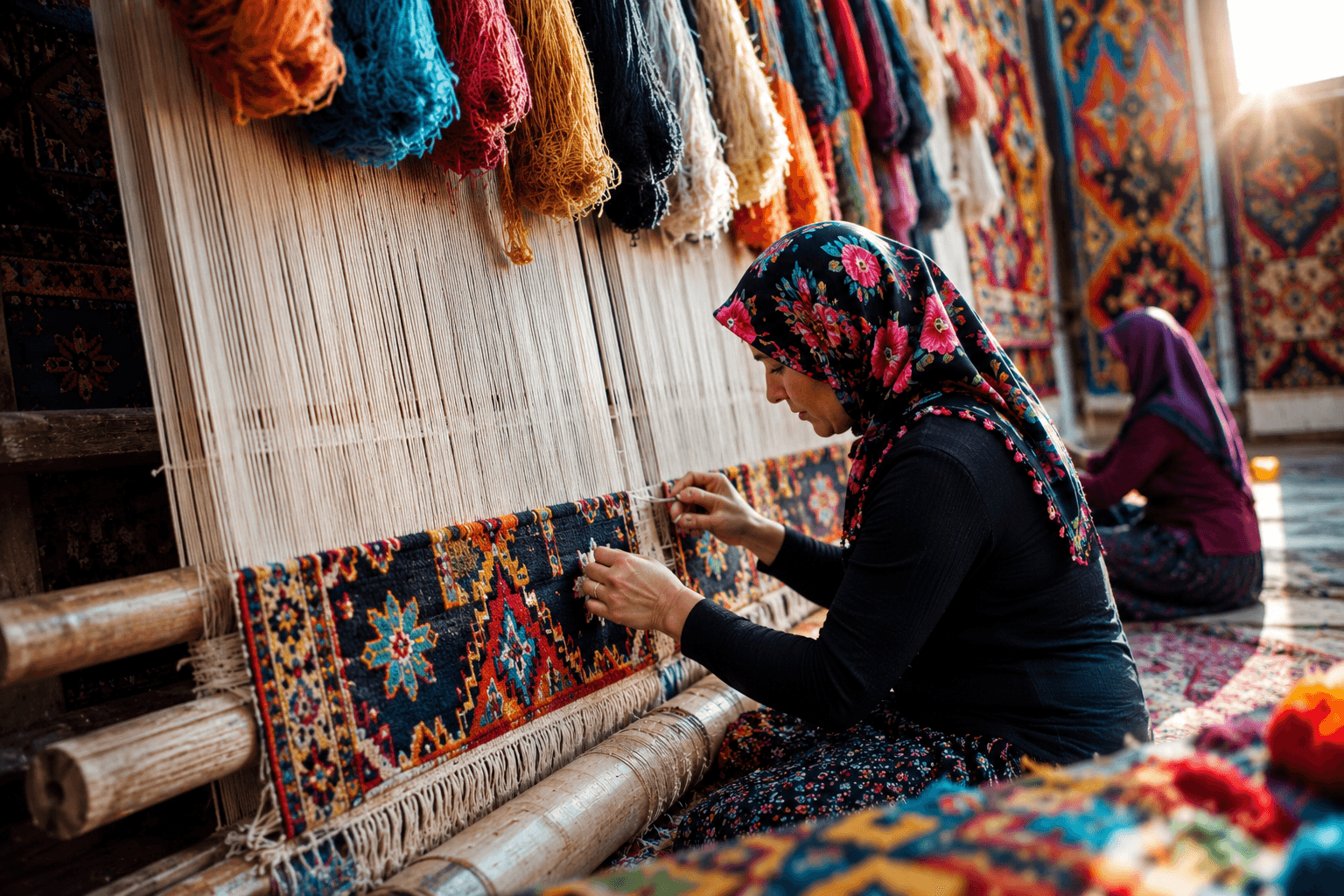 Close-up of a hand-woven kilim in red and indigo, showing geometric rams' horn and water motifs.